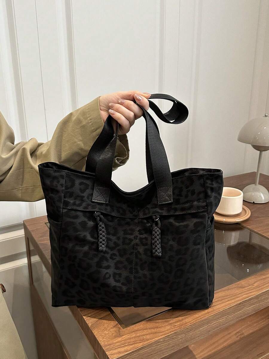 Fashionable Versatile Solid Color New Tote Bag, Casual Minimalist Textured Contrast Color Shoulder Bag - Black - View 1
