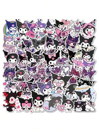 100pcs New Kuromi Stickers; Cute Doodle Cartoon; Sanrio Notebook Decor; Self-Adhesive Stickers