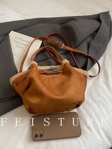 1pc FEISTURE Faux Shearling Small Handbag, Fashion Metal Clasp Dumpling Bag, Shoulder Crossbody Bag, Suitable For Daily Outing, Dating, Commuting - Brown - View 8