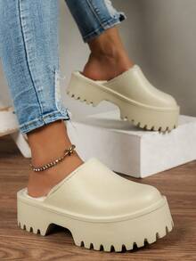 Women's Thick Sole Casual Slippers, Solid Color, Fashionable & Versatile, Thermal Lined For Warmth, Suitable For Indoor/Home Wear, Autumn/Winter - Khaki - View 10