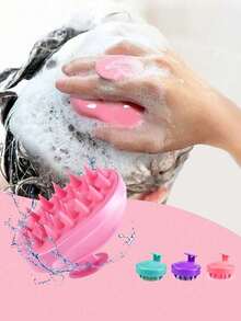 1 pieza Cepillo de masaje para el cuero cabelludo, cerdas suaves de silicona, para el cuidado del cuero cabelludo, limpieza del cuero cabelludo en la ducha, exfoliación, eliminación de caspa, masaje de cabeza, uso en seco/húmedo, con mango, agarre fácil, cepillo de champú de masaje de doble color, cepillo/peine para el cabello - Multicolor - Ver 4