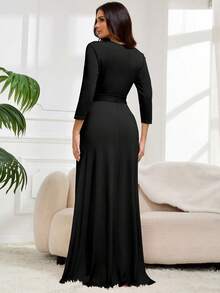 Plus Size Women's Dress, Fashionable Deep V-Neck, Elegant Half Sleeve Dress, Knit Fabric, Placement Print, Fall Women Clothes Vacation Outfits - Black - View 3
