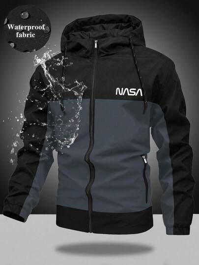 Men's Casual Sports Style Color Block Letter Print Zip-Up Drawstring Hooded Jacket For Spring And Autumn, For Fall