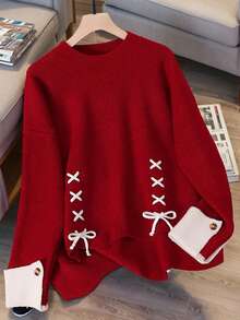 JIANHU New Spring Red Lace-Up Spliced Knit Sweater Women Loose Slimming Versatile Round Neck Long Sleeve Top, Vintage Warm Casual Oversized Look For Spring