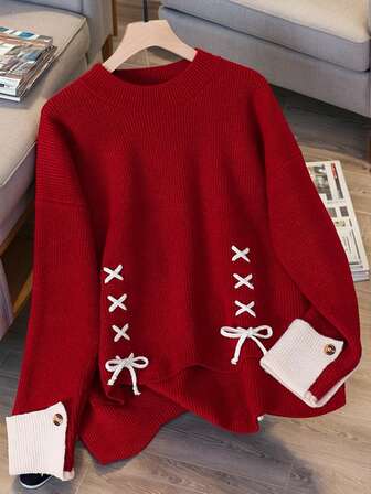JIANHU 新款春季红色系带拼接针织毛衣女宽松修身百搭圆领长袖上衣，复古保暖休闲宽松春季造型