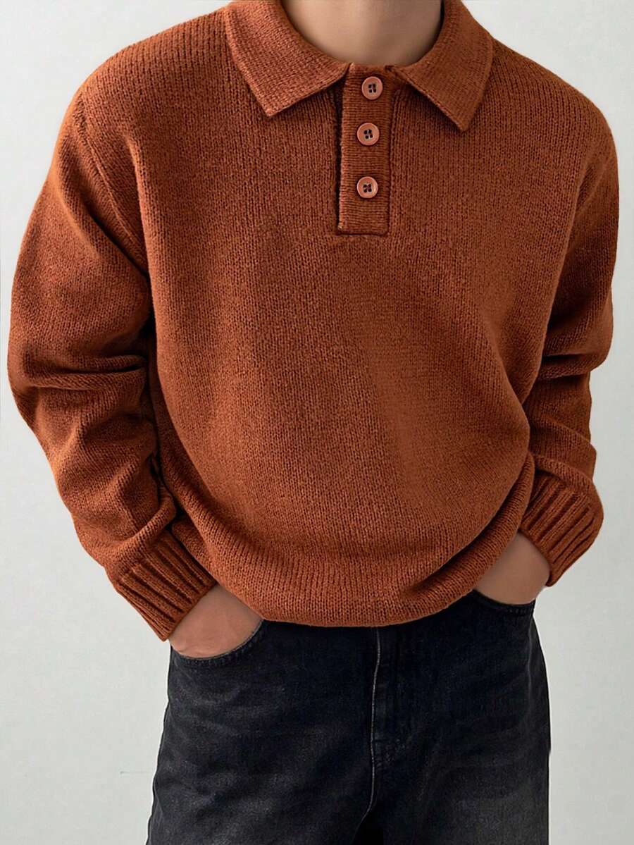1pc Tween Boys College Style Solid Color Half-Placket Collar Knit Pullover Sweater, Long Sleeve, Suitable For Autumn/Winter - Brown - View 1
