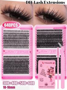MEM Set de gene false 640/544/320 buc, capacitate mare, 10D+20D+30D+40D+50D+60D+80D+100D, bucle în formă de D, 10-16 mm, gene DIY, aspect natural, groase și lungi, ultra moi și ușoare, reutilizabile, gene false cu segmente individuale, kit de extensie a genelor, potrivit pentru călătorii, purtare zilnică (potrivită pentru începători), nuntă, întâlnire, petrecere, sărbători, excelent și ca set de gene pentru Crăciun/Halloween/cadou. - Negru - Vizualizare 14