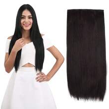 24inch Straight Clips In Hair Extensions Clips On HE008 Hairpieces Synthetic Hair Extensions For Women 5 Clips Per Piece - Black Brown,BlackBrown-Straight - 黑棕色直髮 - 查看 1