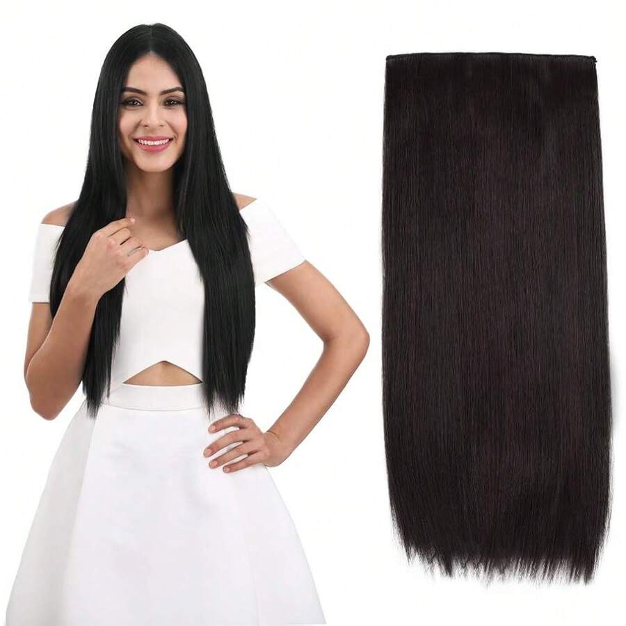 24inch Straight Clips In Hair Extensions Clips On HE008 Hairpieces Synthetic Hair Extensions For Women 5 Clips Per Piece - Black Brown,BlackBrown-Straight - 黑棕色直髮 - 查看 1
