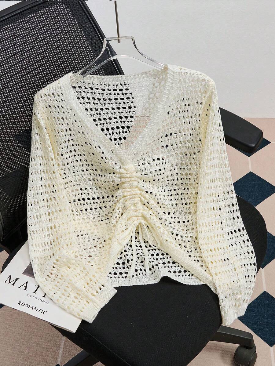 轻盈透明纯色女式针织开衫，带抽绳，透气镂空针织夏季沙滩罩衫 - 米色 - 查看 1