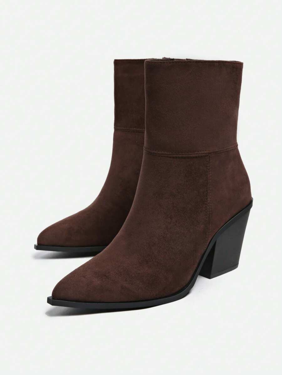 秋冬美式尖头拉链踝靴，新款复古尖头西部靴，粗跟侧拉链短筒欧美风靴，尺码 35-42 - 咖啡棕 - 查看 1