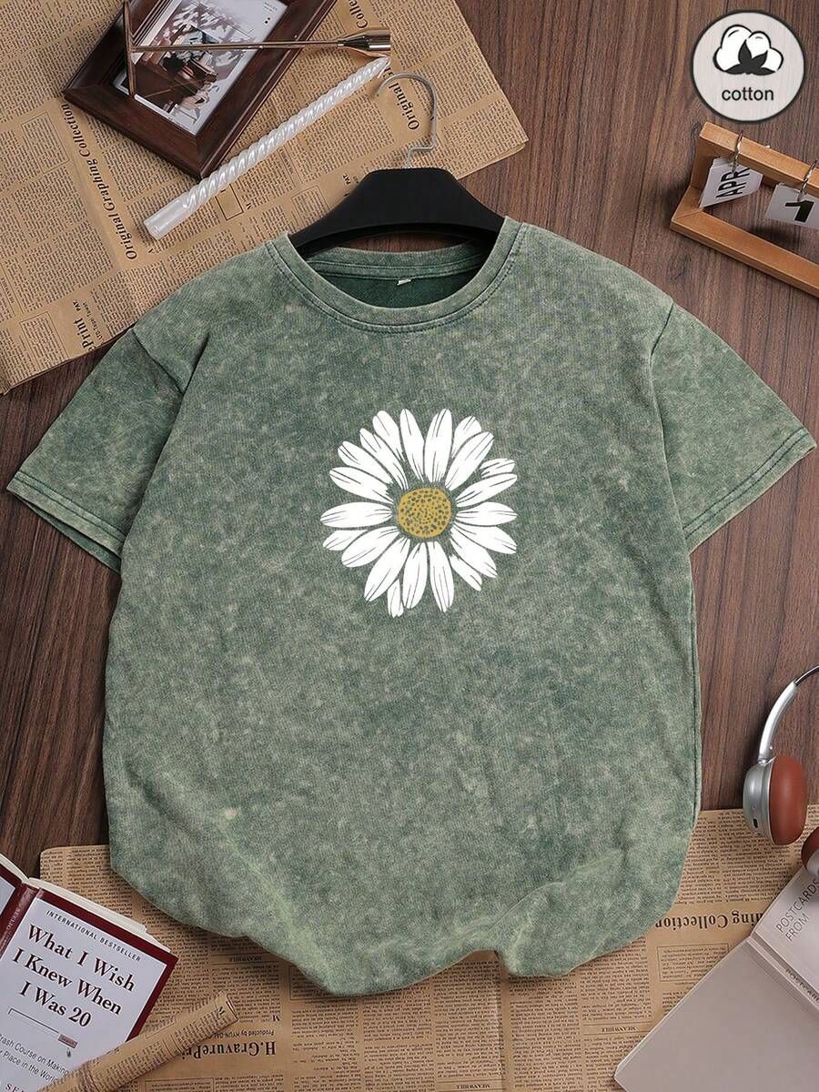 ZZG Es Trus Cotton 女款趣味印花嘻哈“雏菊”个性化花卉图案街头服饰，韩版舒适复古时尚通勤 Y2K 休闲T恤，常规小众朋克风深绿色修身圆领短袖水洗T恤夏季款