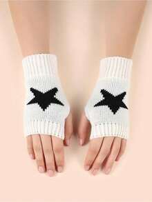 1 Pair Women's Star Print Fingerless Thumb Hole Knitted Wrist Length Mitten Gloves,  And Comfortable Fabric, Y2K Style Halloween - Black - View 4