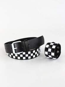 1 Set Cinturón de estilo punk unisex con decoración de remaches, pulsera de estilo unisex, cinturón y pulsera de moda minimalista para parejas, cinturón de cuero a cuadros adecuado para vaqueros y pantalones casuales, para uso diario - Multicolor - Ver 18
