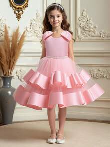 Váy dự tiệc trang trọng không tay bằng vải tuyn và satin nơ sau lưng thanh lịch dành cho bé gái, thích hợp cho bé gái rải hoa, đám cưới, tiệc chiêu đãi, không bao gồm băng đô - Hồng - Xem 2