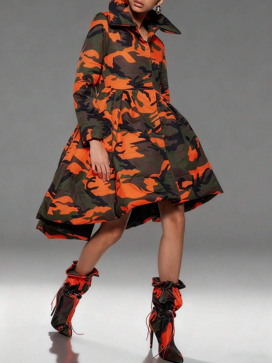 Magic Mia Women's Orange Camo Puffer Coat - High Collar With Cinched Waist & Asymmetric Hem | Statement Fit For Street Fashion, Party Events & Edgy Styling (Cotton-Blend Warm & Unique Design) For Bold Outfits - 迷彩 - 查看 1