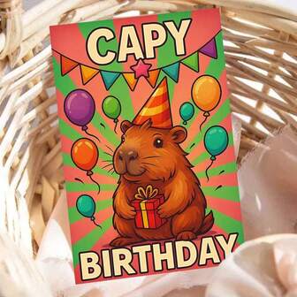 1pc Capybara Birthday Party Celebration Card Greeting Card With Envelope Cute Animal Holding Gift With Colorful Balloons And Festive Bunting Perfect For Friends, Family Members, And Coworkers, Ideal For Birthday Occasions And Warm Wishes