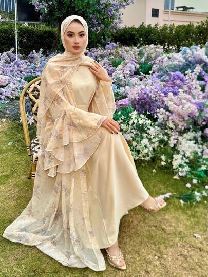 3pcs Floral Chiffon Robe Set, Elegant Fashion Robe, Plus Size Robe, Headscarf Robe, Suitable For Dates, Parties, And Everyday Wear