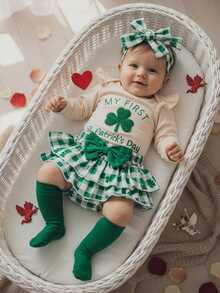 Conjunto de ropa para bebé niña con bordado de trébol y letras, falda a cuadros, calentadores de piernas y diadema para el primer día de San Patricio - Caqui - Ver 3