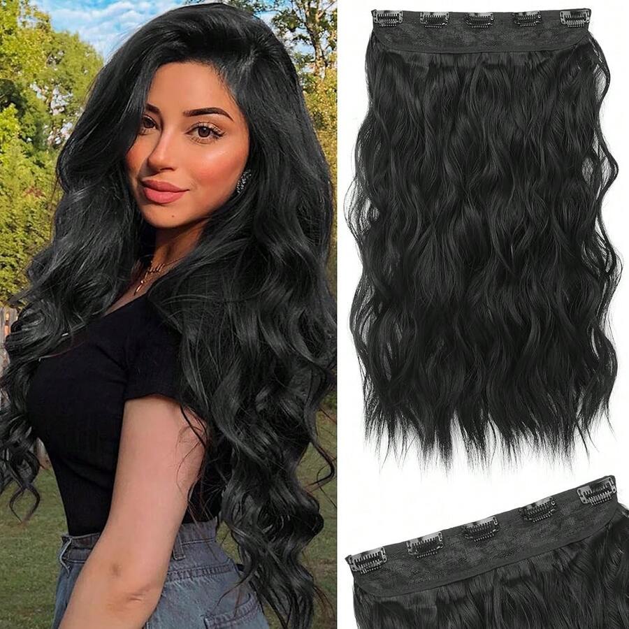 Black Hair Extensions, 20" Single Piece Clip In Hair Extensions Thick Long Beach Wavy Natural Soft Synthetic Hairpieces For Women, Natural Black,NaturalBlack-Wavy - 自然黑波 - 查看 1