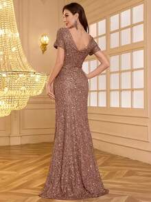 女士优雅亮片V领晚礼服，魅力性感亮片婚礼春季派对礼服 - 咖啡棕 - 查看 2