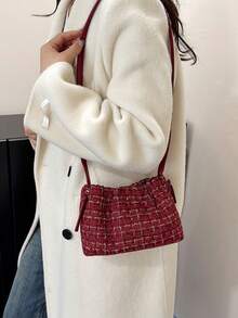 Mini Bucket Bag, Gold Thread Drawstring Closure Bucket Shoulder Bag, Casual & Elegant, Versatile Shoulder/Crossbody/Backpack - Red - View 4