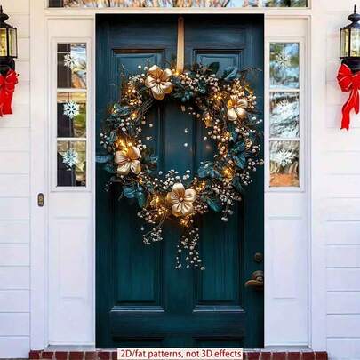 2D Flat Polyester Ramadan Door Banner 1pc Elegant Wreath With Golden Flowers, Fairy - Like Lights And Green Foliage For Door Decoration Eid Al-Fitr And Supplies, Suitable For Muslim Ramadan And Eid Al-Adha Celebrations, Islamic-Themed Holiday Decorations