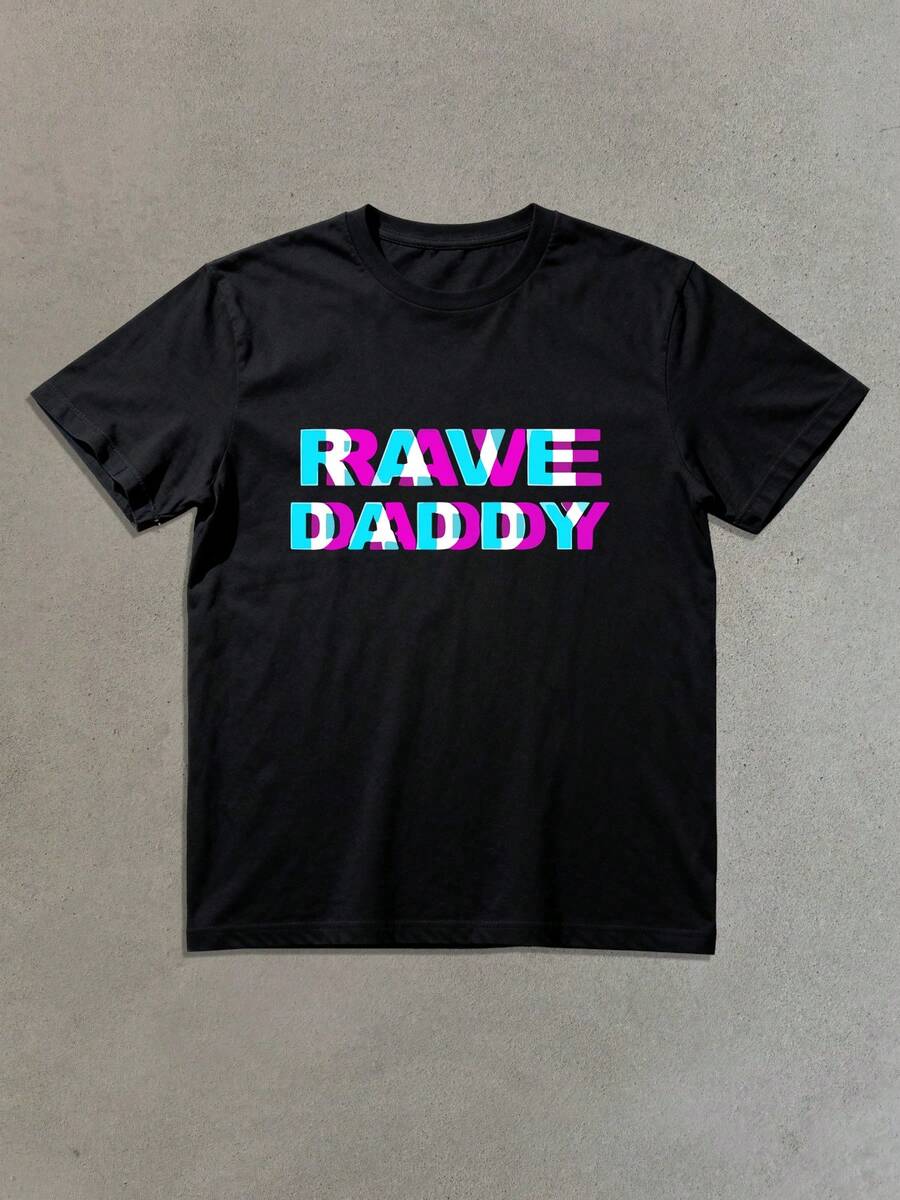 Vibrant Rave Daddy Graphic Tee, Unique Print 220g 100% Cotton Black Short-Sleeved Men's T-Shirt - Black - View 1
