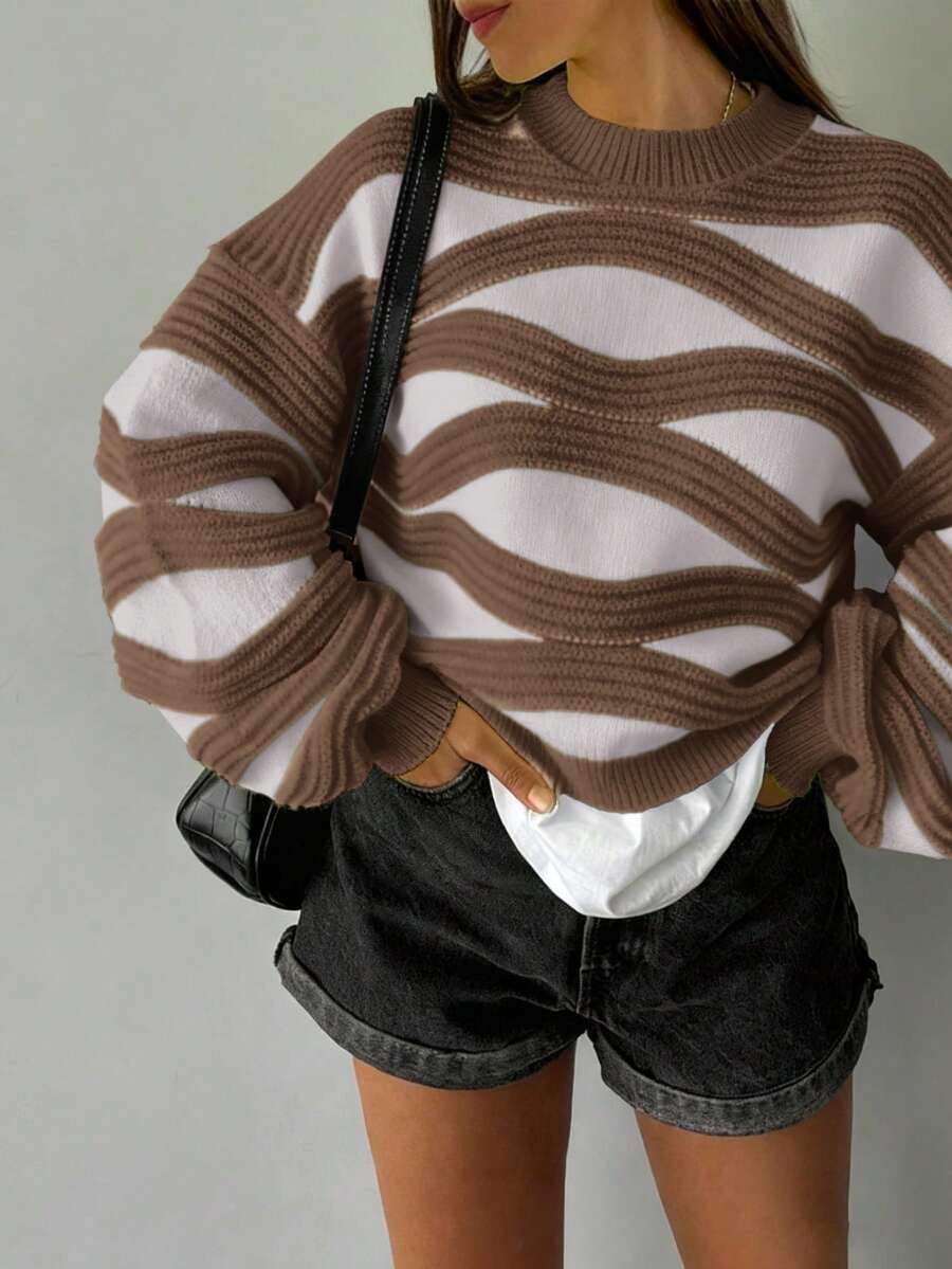 FOR BEAUTY 女士圆领波浪条纹撞色长袖针织衫，女士时尚宽松舒适多巴胺色约会之夜灯笼袖套头毛衣，女士针织衫，新年毛衣 - 深咖啡 - 查看 1