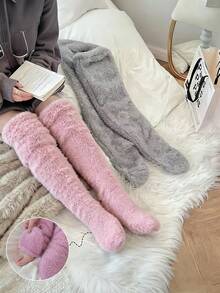 1 Pair Of Over The Knee Plush Socks, Pink, Light Gray, Keep The Legs Warm, Suitable For Both Men And Women, Suitable For Sleeping At Home In Winter, Cozy Socks - Multicolor - View 2