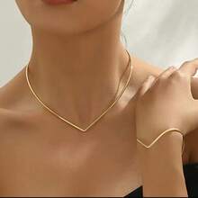 Women's Necklace And Bracelet Set In A V-Shaped Design, Modern Minimalist Style For Everyday Wear And Parties - 金色 - 查看 1