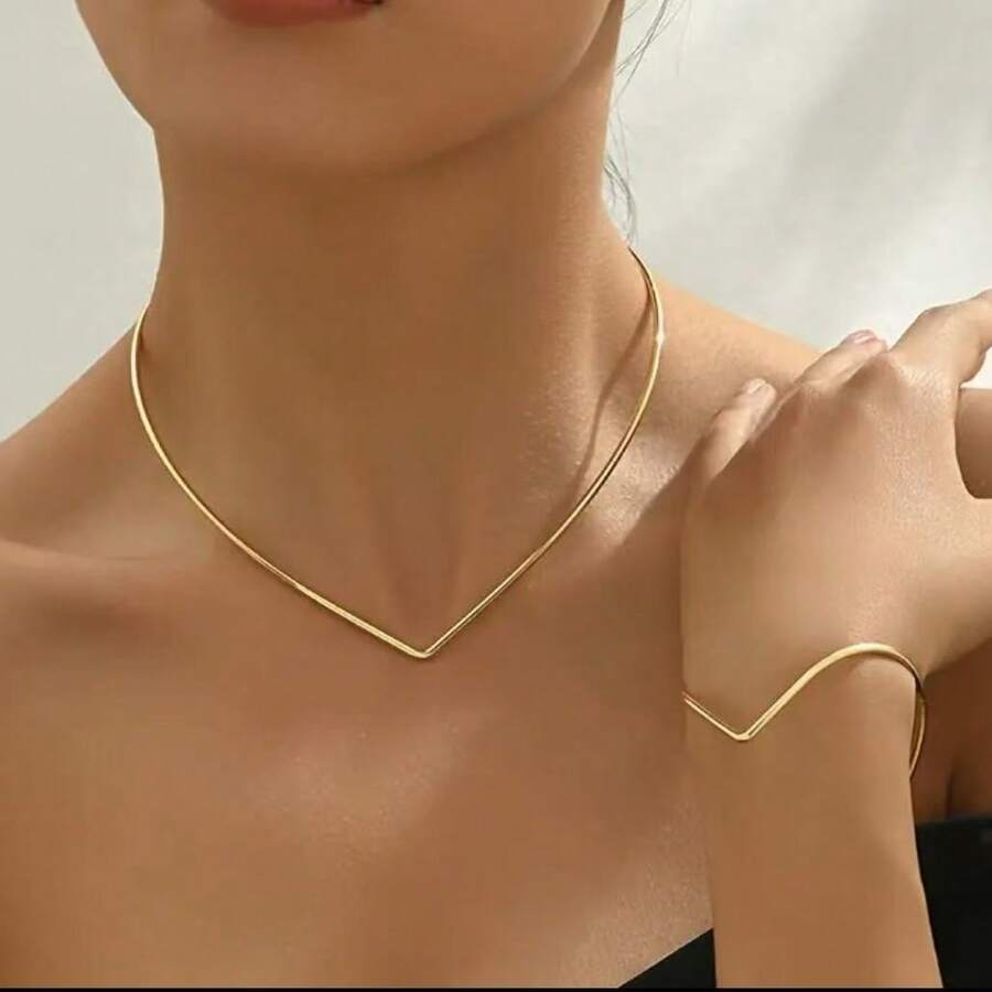 Women's Necklace And Bracelet Set In A V-Shaped Design, Modern Minimalist Style For Everyday Wear And Parties - 金色 - 查看 1