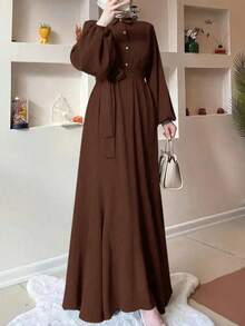 Vestido elegante de manga farol de unicolor estilo árabe para mujer, primavera/verano - Café - Ver 2
