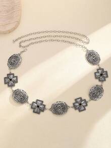 1pc Vintage Floral Cross Elegant Metal Fashion Versatile Body Chain Dress, Suitable For Spring, Summer, Autumn, Winter, Party, Wedding, Women Waist Chain - Antique Silver - View 2