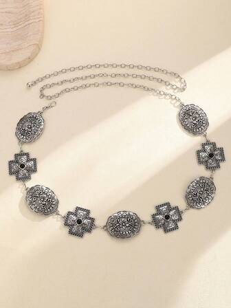 1pc Vintage Floral Cross Elegant Metal Fashion Versatile Body Chain Dress, Suitable For Spring, Summer, Autumn, Winter, Party, Wedding, Women Waist Chain