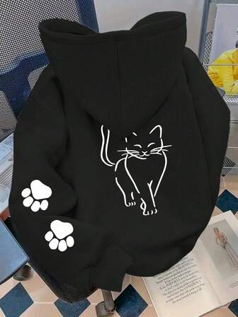 Plus Size Women's Daily Line Art Cat With Cat Paw Print Pattern Hooded Long Sleeves Casual Spring/Summer/Fall Women's Plus-Size Long-Sleeved Hoodie Sweatshirt Halloween Going Out Tops Women,Vacation Outfits Women