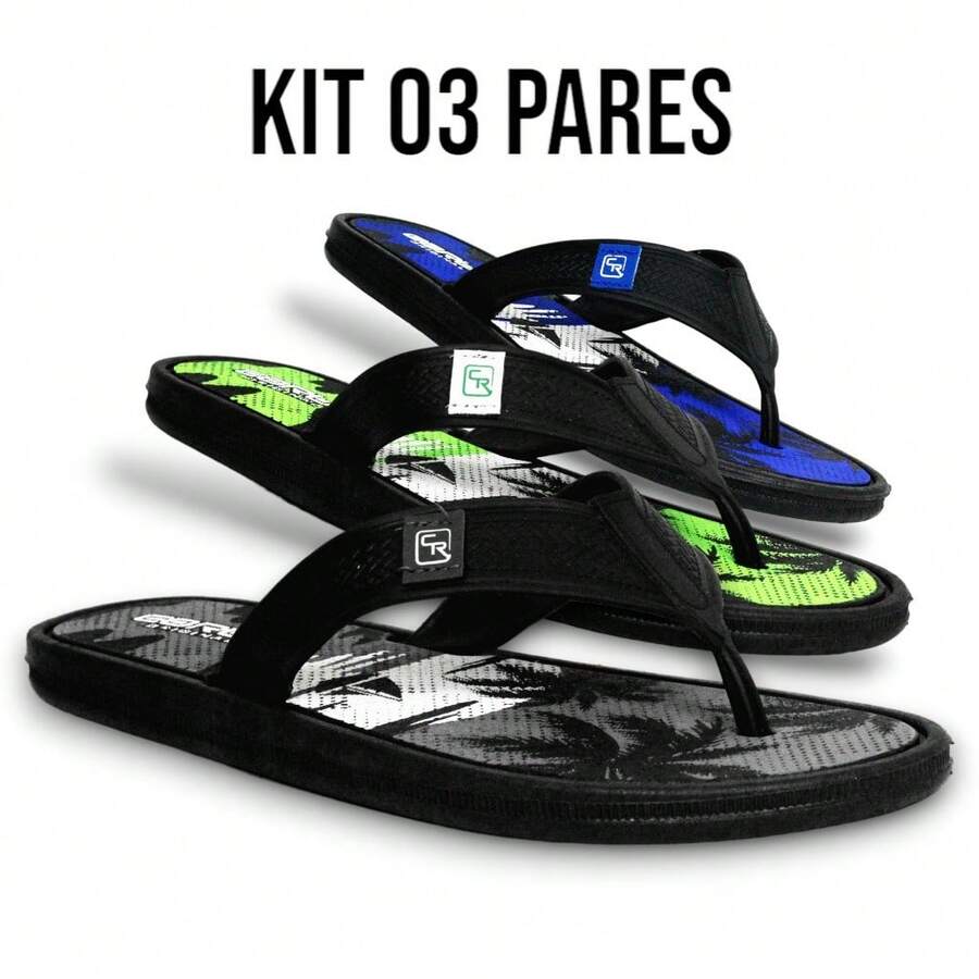 kit 3 Pares Chinelo Masculino Chinelo Kit Chinelo Sandália Masculina Praia Verão Dia a Dia - Azul Cinza Verde - Visão 1