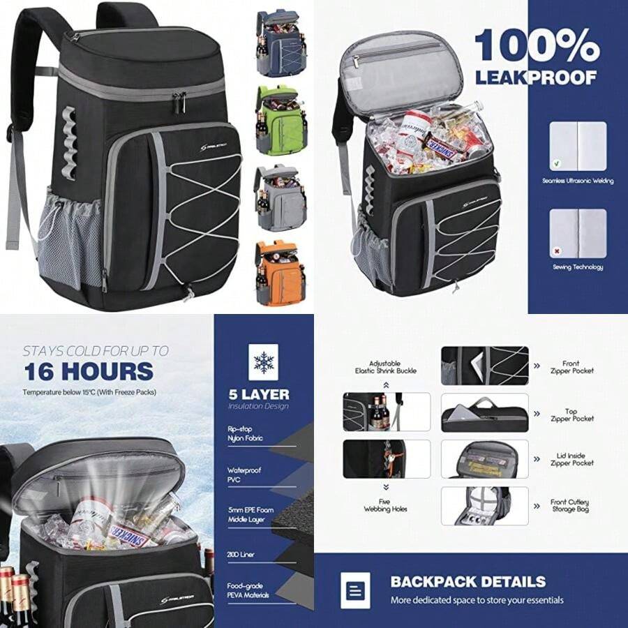 Maelstrom - Mochila enfriadora de 35 latas a Prueba de Fugas, Suave aislada, enfriadora de Camping, Enfriador de Playa, Mochila de Pecho de Hielo, Mochila Ligera de Viaje para(Negro Bolsa enfriadora) - Multicolor - Ver 1