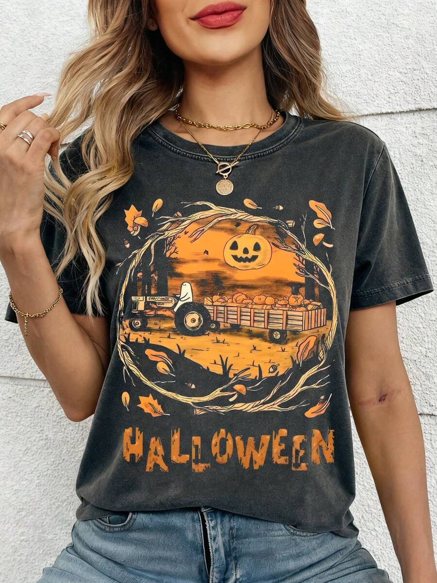 Halloween Pumpkin Car Graphic Casual Crew Neck Short Sleeve T-Shirt, Women Summer Going Out