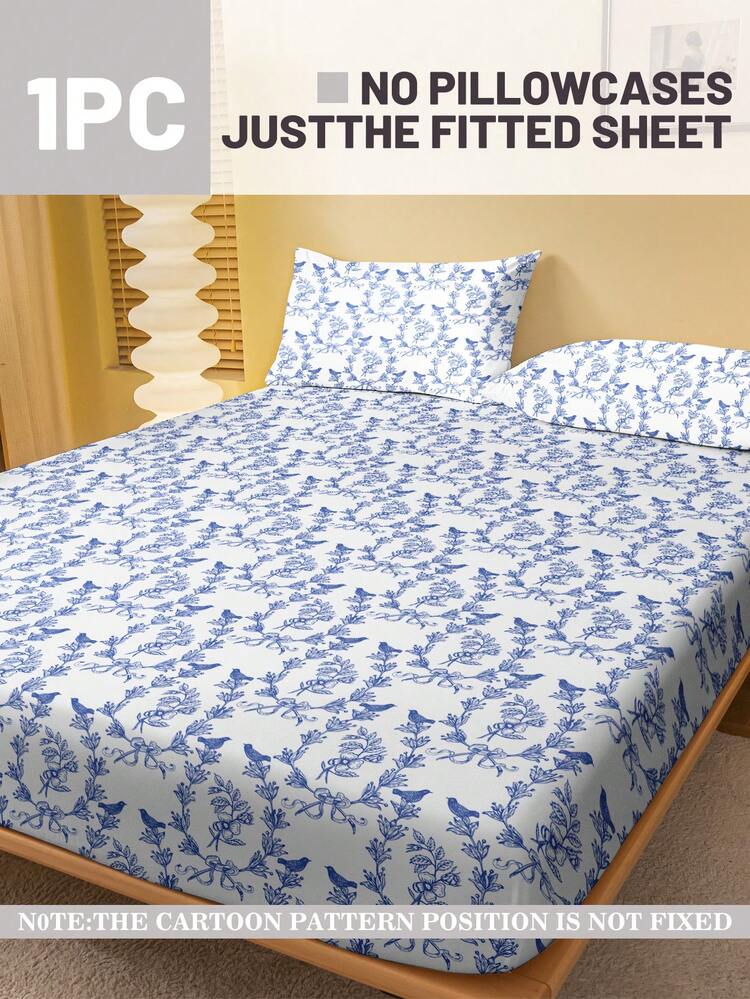 1pc Cartoon Cute Blue & White Magpie Pattern Printed Brushed Fitted Sheet, Bedroom Printed Bed Cover, Bedding (Pillow Case Not Included) - Multicolor - View 2