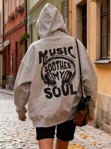 Áo nỉ có mũ trùm đầu in hình tai nghe phong cách tối giản mới cho nữ mùa thu/đông, thời trang và đa năng - Màu xám đậm - Xem 8