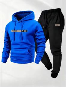 Men's Two-Piece Set, Casual Crew-Neck Long-Sleeve Hooded Sweatshirt And Sweatpants Ensemble, Perfect For Winter And Fall. Athletic Wear Set, Knit Hoodie, Sweatshirt, Sweatpants, Hooded Sweatshirt, Joggers, Sweatshirt, Pants, Hoodie, Sweatpants, Joggers. - Màu xanh lam - Xem 1