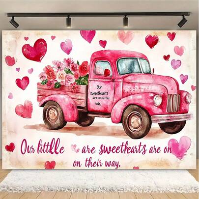 Camión con forma de corazón rosa y pancarta de San Valentín - Telón de fondo de poliéster para fiestas, adecuado para fotografías, cumpleaños y celebraciones en la parte trasera del vehículo