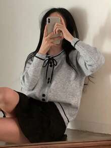 Contrast Color Tie Neck Single-Breasted Loose Knit Cardigan - Grey - View 6