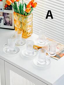 6 piezas Juego de tazas de café de estilo europeo de lujo con asas - 6 tazas de té/café, 6 platillos y un estante de almacenamiento - Diseño de relieve vintage, adecuado para el té de la tarde y el uso en cafeterías - transparente - Ver 14