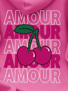 Autumn Cherry Pattern Sweatshirt, Casual Slouchy Hooded Sweatshirt - Baby Pink - View 3