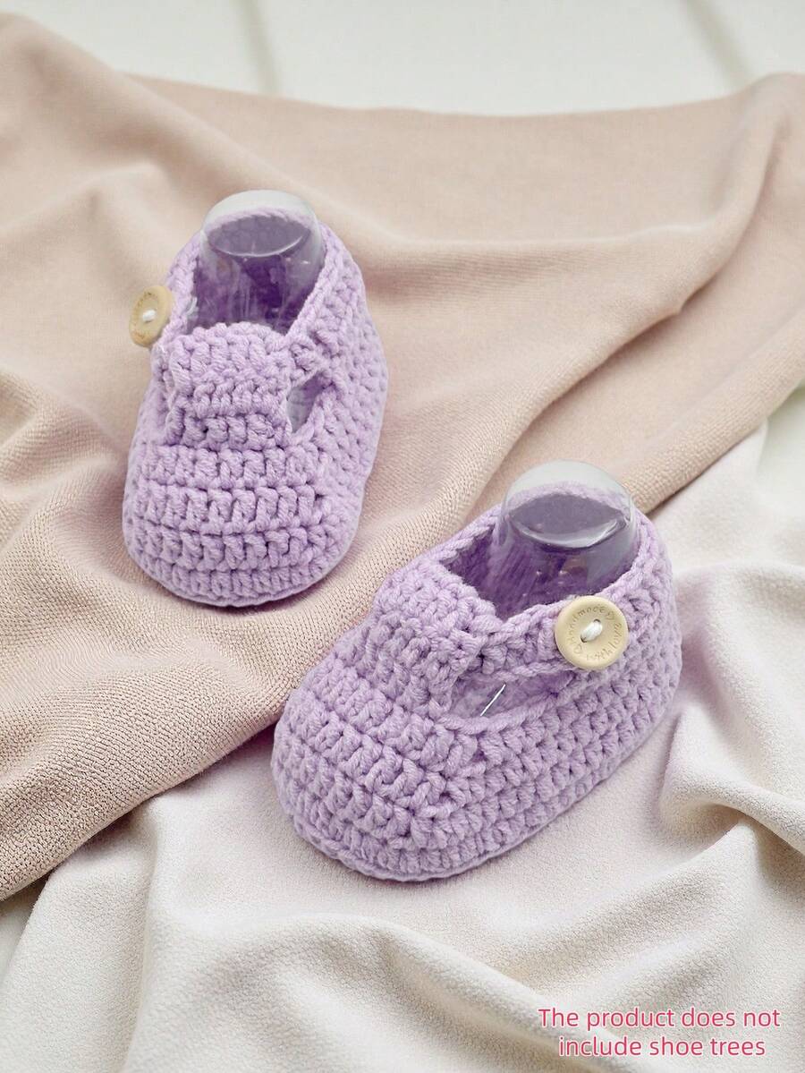 1 Pair Handmade Crochet Infant Shoes, Red, Button Closure, Infant Shoes - Mauve Purple - View 1