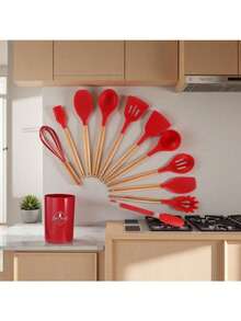 12pcs/Set Silicone Cooking Utensils Set For Kitchen, Heat Resistant Non-Stick Cooking Set With Wooden Handle Spatula Turner Spoon Tongs Whisk - Multicolor - View 11