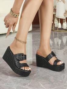 Giày sandal đế xuồng cao gót cho nữ, kiểu dáng mới mùa xuân/hè, đế dày, quai cài đơn giản, màu đen, dễ mang, giày lười đế xuồng cao gót cho nữ, giày thời trang mùa hè mũi tròn đế dày dập nổi, giày cỡ lớn đa năng cho nữ, giày dự tiệc thời trang màu đen. - màu đen - Xem 5