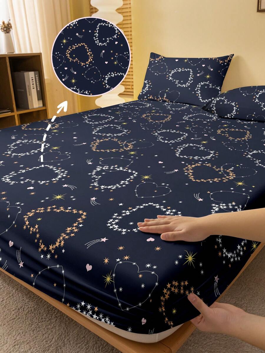 1件简约现代心形几何链条印花磨毛床笠，卧室印花床罩，床上用品（不含枕套） - 彩色 - 查看 1